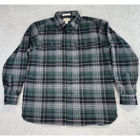 LL Bean Shirt Men Large Green Plaid Chamois Flannel Vintage Heavyweight Trad Fit - Picture 1 of 15